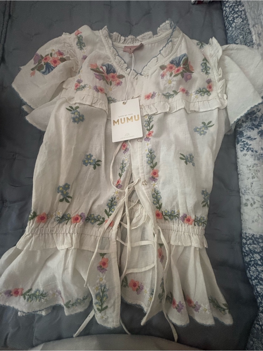 Show Me Your MuMu Ivory Peasant Top with Pink and Blue Floral Embroidery